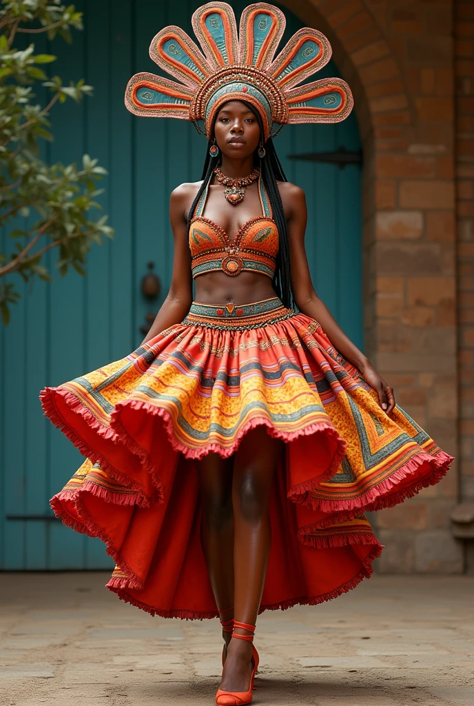 A voluminous design made of fabric can be a short skirt with a crop top inspired by Guane ceramics with a headdress.
