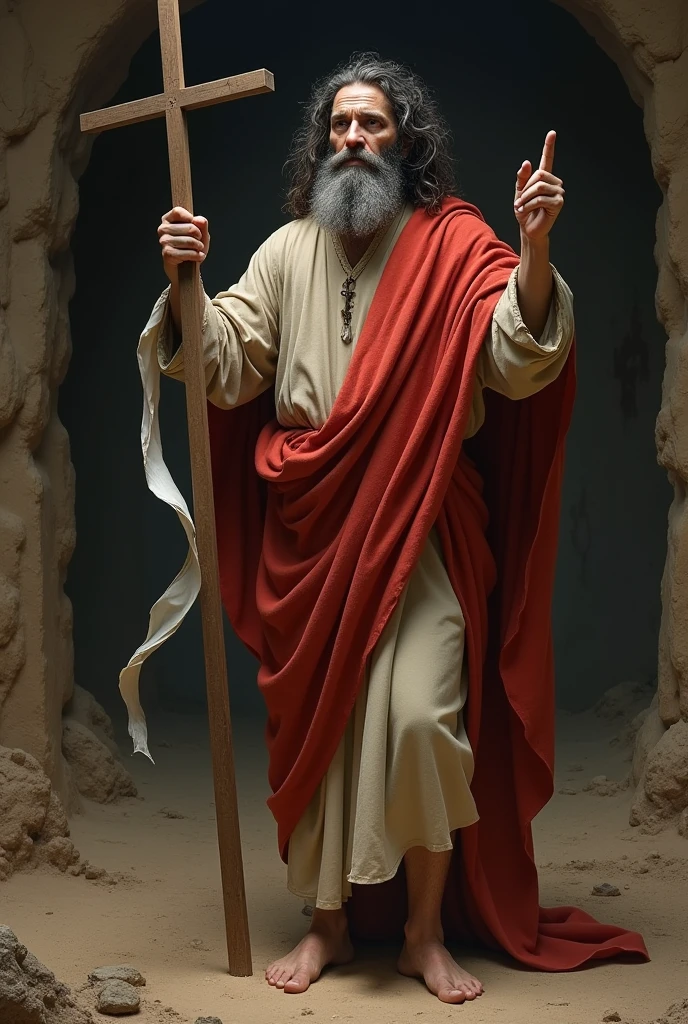 Realistic image of Saint John the Baptist, he has a large, gray and tangled beard, tangled and messy dark hair, he wears a tunic made of lion skin and a red cloak draped over his shoulders, he has bare feet on the dirt floor, a dirty appearance, he has a Looking like a madman, he carries in his left hand a thin cross the size of his body with white paper rolled up and flowing and his right hand is up with the finges pointing to heaven.