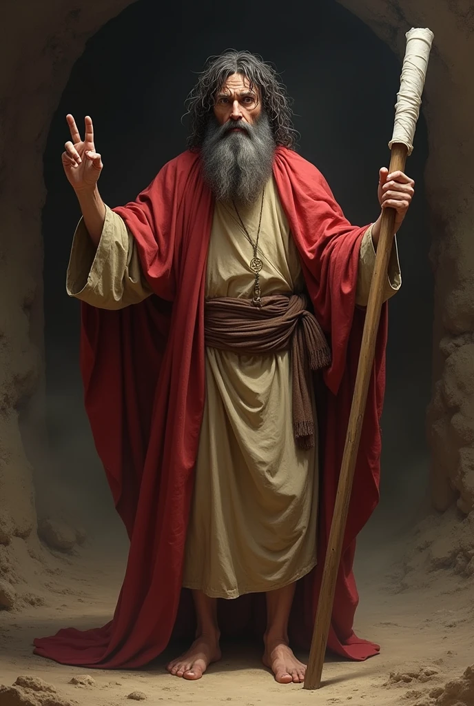 Realistic image of Saint John the Baptist, he has a large, gray and tangled beard, tangled and messy dark hair, he wears a tunic made of lion skin and a red cloak draped over his shoulders, he has bare feet on the dirt floor, a dirty appearance, he has a Looking like a madman, he carries in his left hand a thin cross the size of his body with white paper rolled up and flowing and his right hand is up with the finges pointing to heaven.