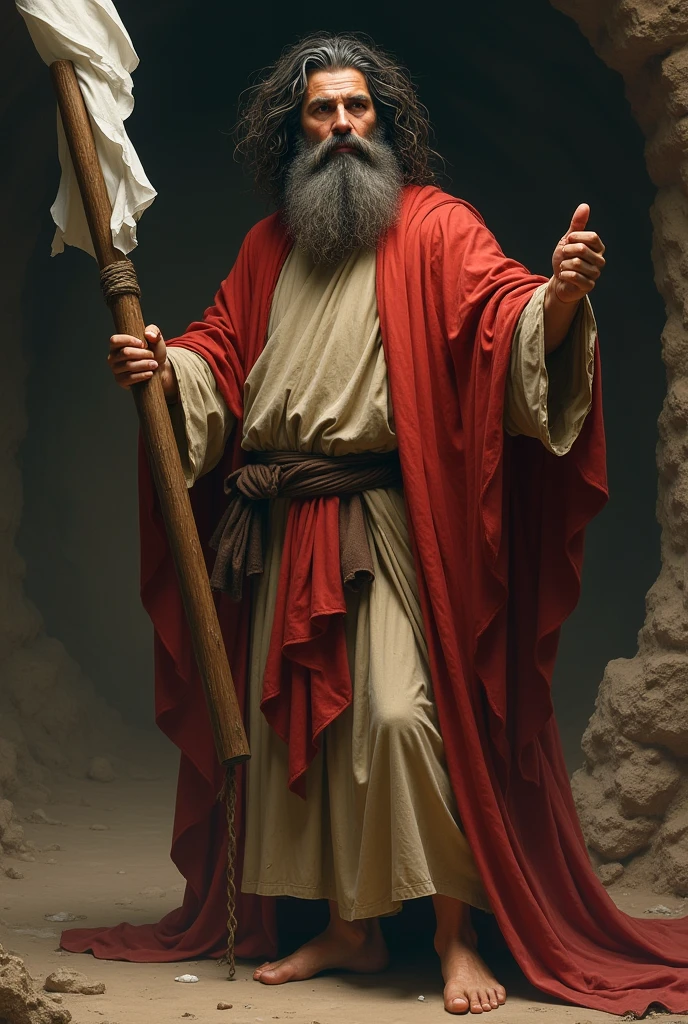 Realistic image of Saint John the Baptist, he has a large, gray and tangled beard, tangled and messy dark hair, he wears a tunic made of lion skin and a red cloak draped over his shoulders, he has bare feet on the dirt floor, a dirty appearance, he has a Looking like a madman, he carries in his left hand a thin cross the size of his body with white paper rolled up and flowing and his right hand is up with the finges pointing to heaven.