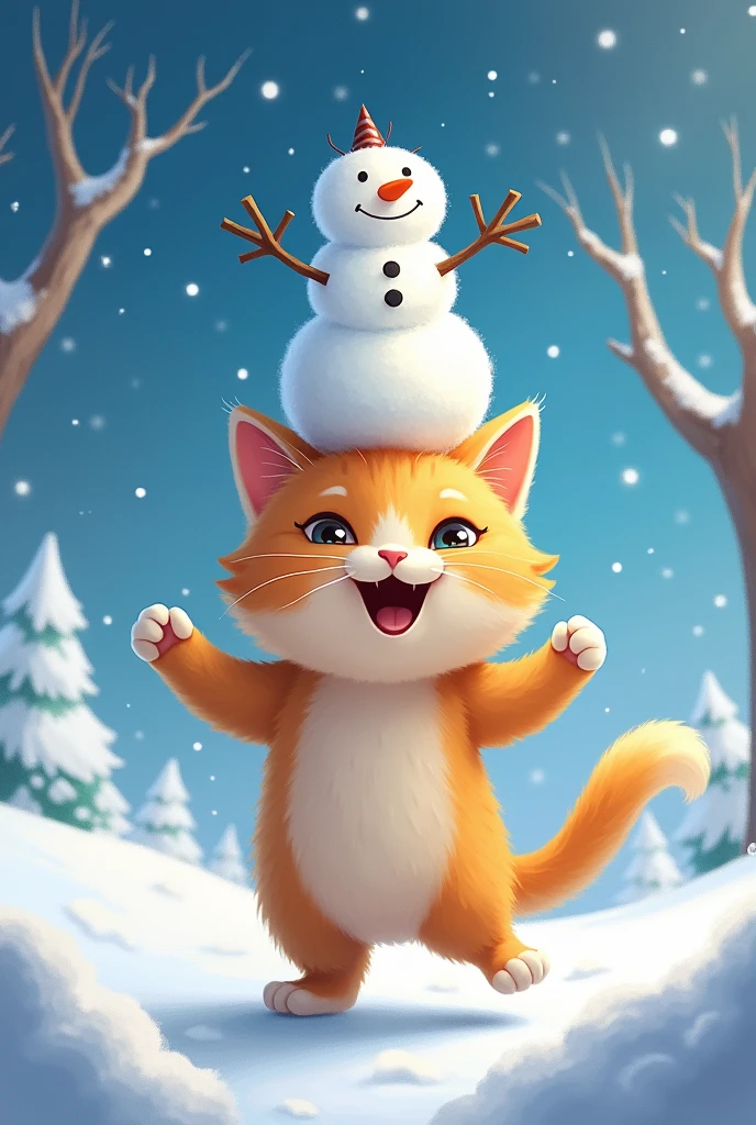 Cat with a snowman on its head、cute dancing together 