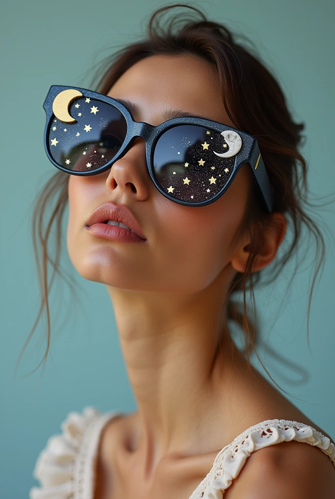 The model is wearing glass sunglasses with stars and the moon on the glass