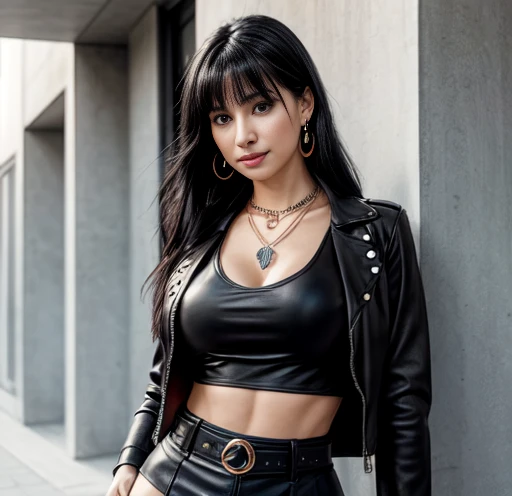 1 woman 30 years old, One, long straight black hair, bang,I look at the viewer, detailed eyes, shy smile,Jewelry, medium breast, earrings,belt, blue leather jacket over a tight red t-shirt,mini skirt,sheer white tights,NECKLACE, bracelet, lips,((Dynamic angle)),