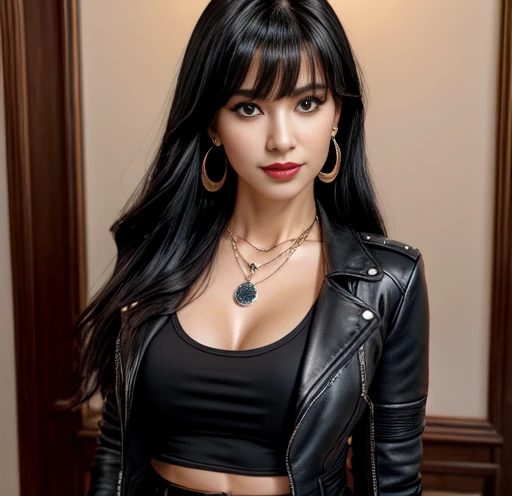 1 woman 30 years old, One, long straight black hair, bang,I look at the viewer, detailed eyes, shy smile,Jewelry, medium breast, earrings,belt, blue leather jacket over a tight red t-shirt,mini skirt,sheer white tights,NECKLACE, bracelet, lips,((Dynamic angle)),