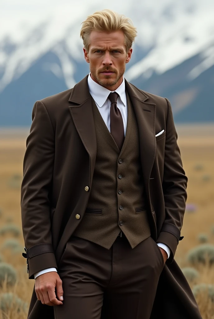 Very dark brown suit of a tall blond groom with tone inspired by the Yellowstone series