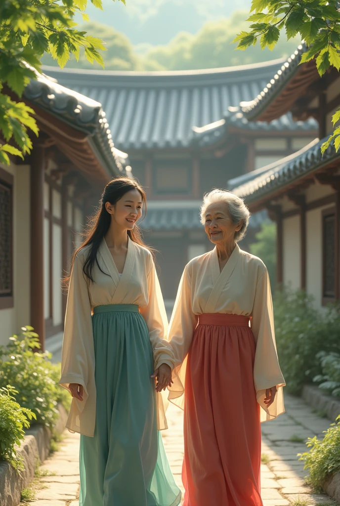 a Korean girl, Beautiful, soft, with his old mother, namun masih terlihat Beautiful. They walk in the yard of a traditional Korean house.. The mother seemed to be smiling.