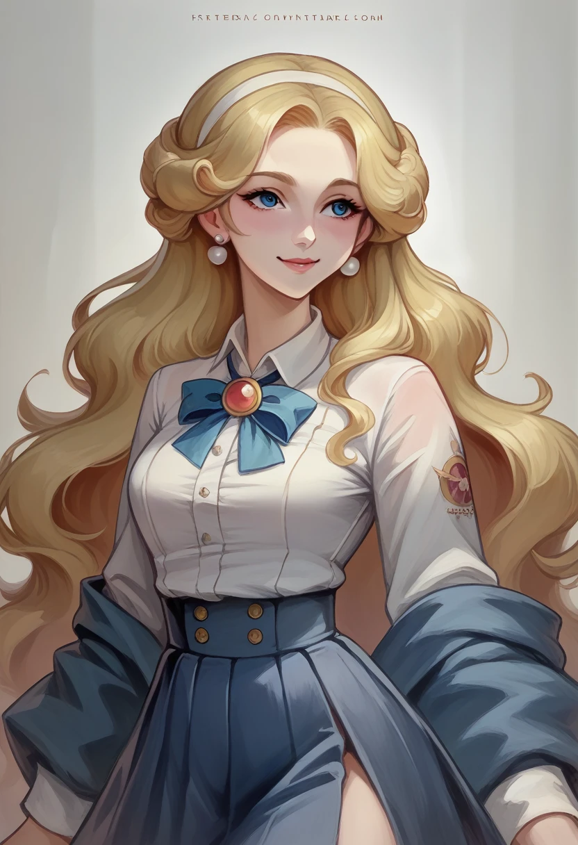 "A mature and elegant teenage girl with long, wavy golden blonde hair and deep blue eyes, wearing a traditional Japanese school uniform with a navy-blue skirt and white blouse. She is standing and looking at the camera with a graceful smile. She has a white ribbon tied in a large bow around her neck and wears pearl earrings, giving her a sophisticated and refined appearance." visual novel character