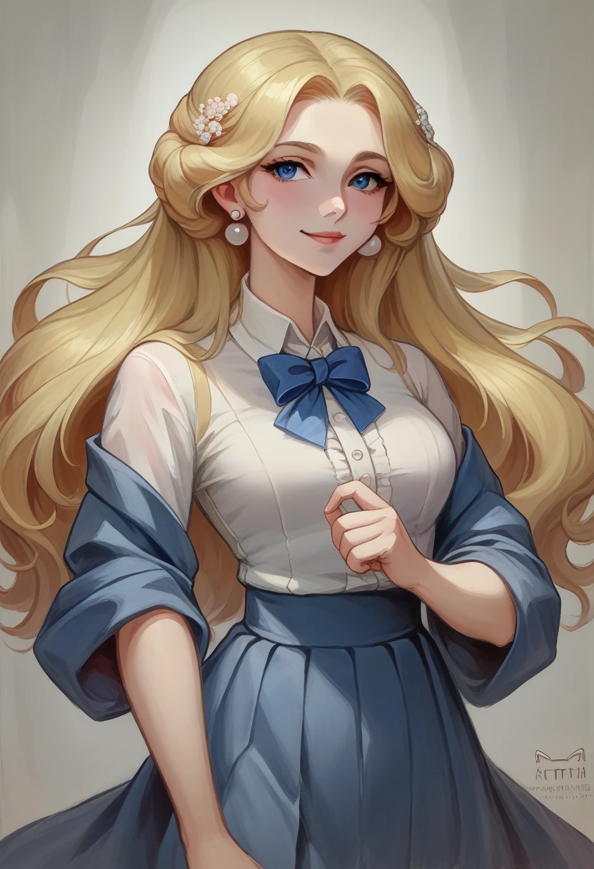 "A mature and elegant teenage girl with long, wavy golden blonde hair and deep blue eyes, wearing a traditional Japanese school uniform with a navy-blue skirt and white blouse. She is standing and looking at the camera with a graceful smile. She has a white ribbon tied in a large bow around her neck and wears pearl earrings, giving her a sophisticated and refined appearance." visual novel character