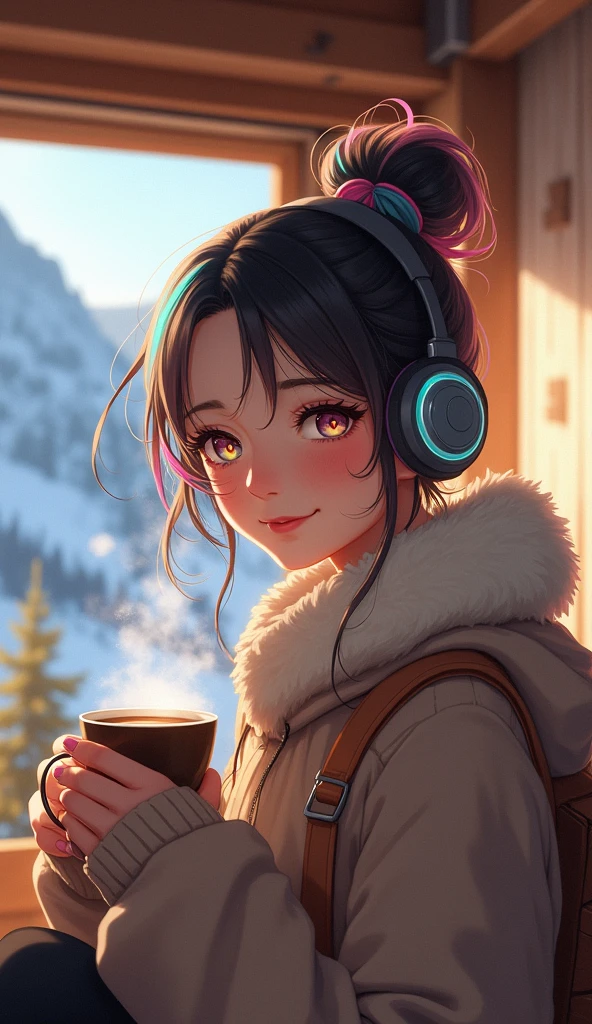 A young girl with tied-up colorful hair and rainbow-like eyes, listening to calm music on headphones, with a sexy smile, holding a cup of coffee, dressed in cold weather clothing, in a chalet at the base of a mountain. An image that inspires calm, tranquility, lightness, simplicity, and comfort.