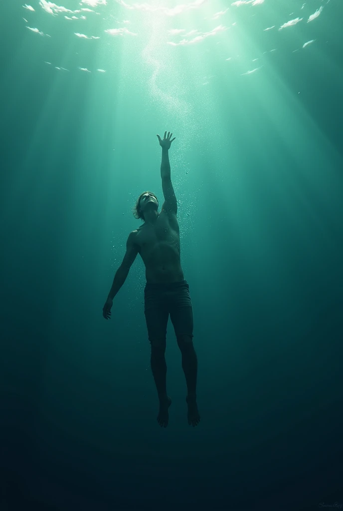 Man falling into the depths of the sea body lying down (with one hand up)