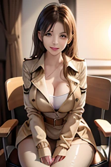 20-year-old woman,soft lighting,sitting on a chair with legs together,face perfect,smiling,perfect figure, random hairstyle, Top of the tube, trench coat, pants,narrow shoulders,Breasts huge, Broad Hips