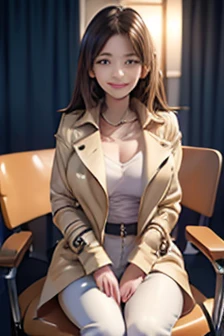 20-year-old woman,soft lighting,sitting on a chair with legs together,face perfect,smiling,perfect figure, random hairstyle, Top of the tube, trench coat, pants,narrow shoulders,Breasts huge, Broad Hips