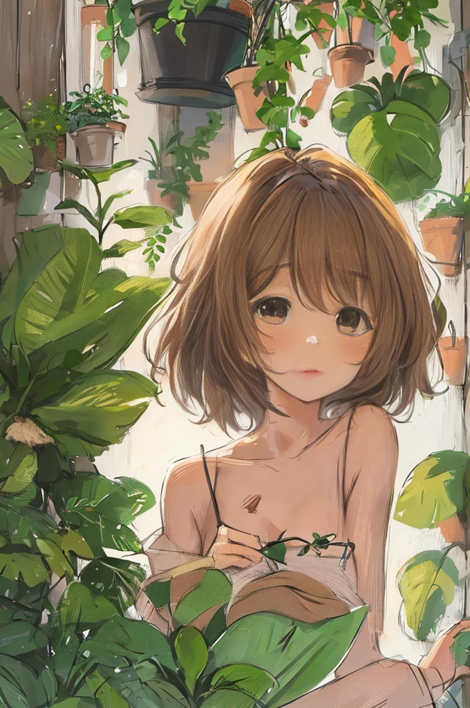 A cute girl, nude, naked, no clothes, background is wall with hanging some plants, anime, painting style image, brown short hair, cartoon style pic, black eyes, full body image