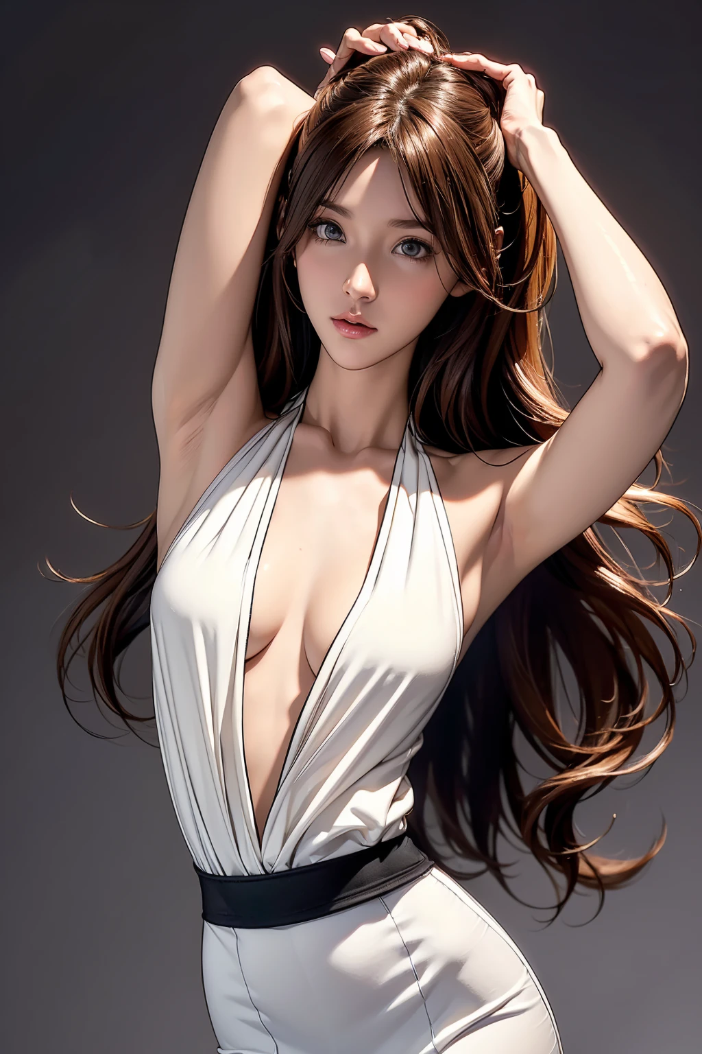 ((tabletop:1.4、Highest image quality))、(real photos:1.4)、((1 girl))、glossy brown hair、(超High resolution:1.2)、very delicate and beautiful、High-definition CG Unity 8k wallpaper、Super detailed、High resolution、soft light、beautiful detailed girl、highly detailed eyes and face、beautifully detailed nose、beautiful big eyes、(((white halter neck dress)))、cinematic lighting、Body like a model、thin and thin legs、、、、firm chest、（Beautiful form with an inorganic atmosphere）、cool look、raise both arms up, gray background, model pose, armpit, black eyes, wavy hair, upper body only, white tank top, Portrait,