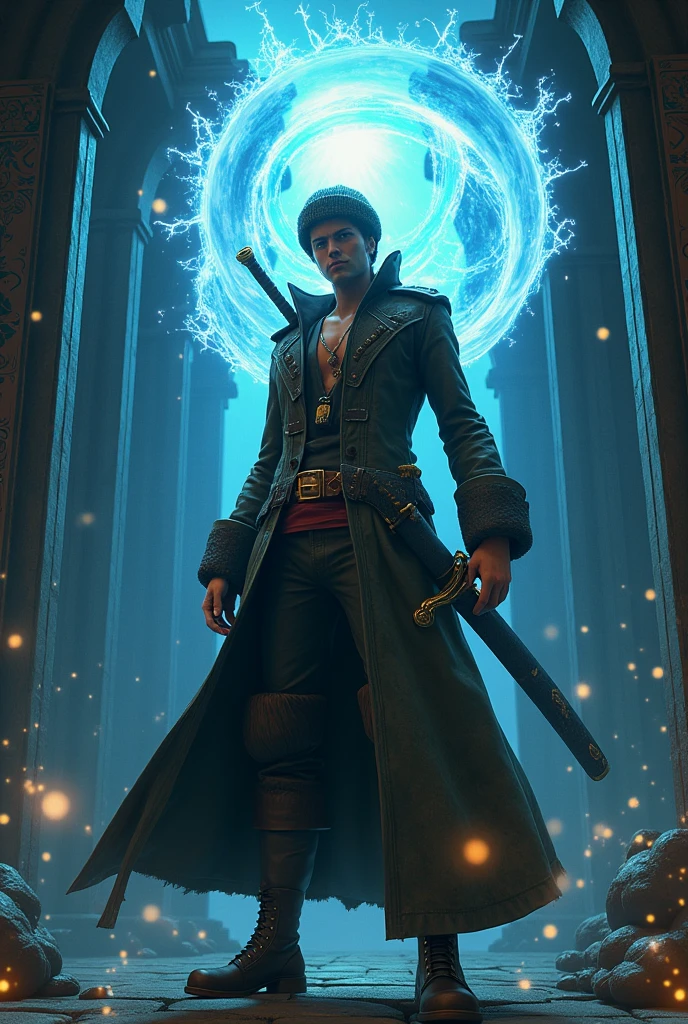 a highly detailed and realistic 3D render of trafalgar law from one piece wearing a knit hat, long coat, and carrying a long sword, using magic to manipulate the room around him, octane render, photorealistic, surreal, 8k, masterpiece, extremely precise, hyper-detailed skin, hyper-realism, extremely detailed