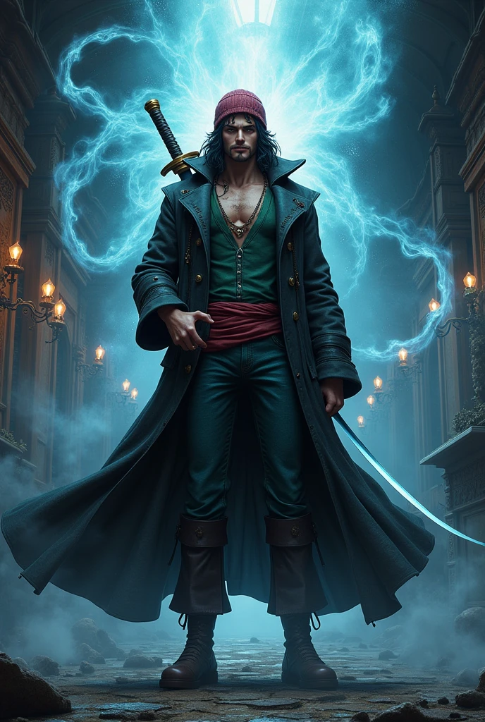 a highly detailed and realistic 3D render of trafalgar law from one piece wearing a knit hat, long coat, and carrying a long sword, using magic to manipulate the room around him, octane render, photorealistic, surreal, 8k, masterpiece, extremely precise, hyper-detailed skin, hyper-realism, extremely detailed