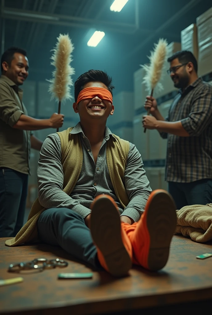 Malaysia malay handsome 20 years student
He laugh very hard
His hand tied up in warehouse
Blindfolded
Hand handcuff
Expensive outfit
Focus feet on desk
feather duster on desk
Take off Puma shoes on desk
Orange stinky sock
2 man holding feather duster