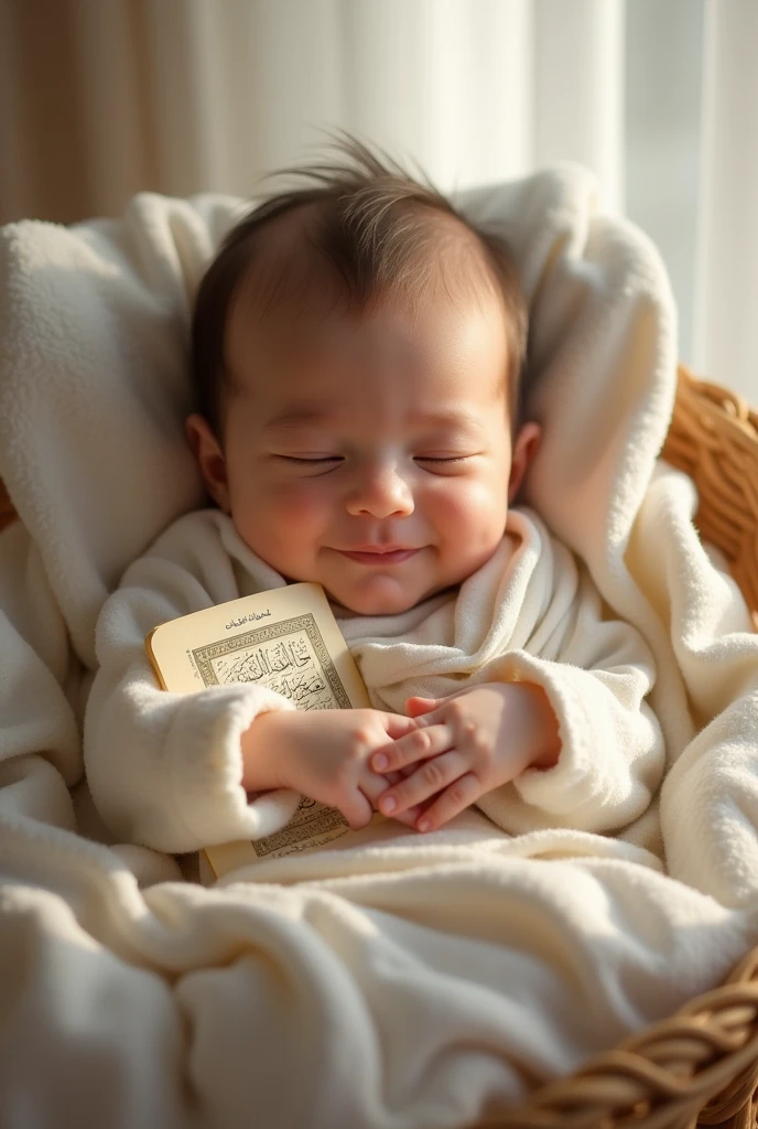 Muslim new born baby, with arabic facial features, laying down in baby bed, closing his eyes,  holding closed holy quran book to his chest, beautiful smile on his face, nice lightining in the room , baby is in the center of the room.