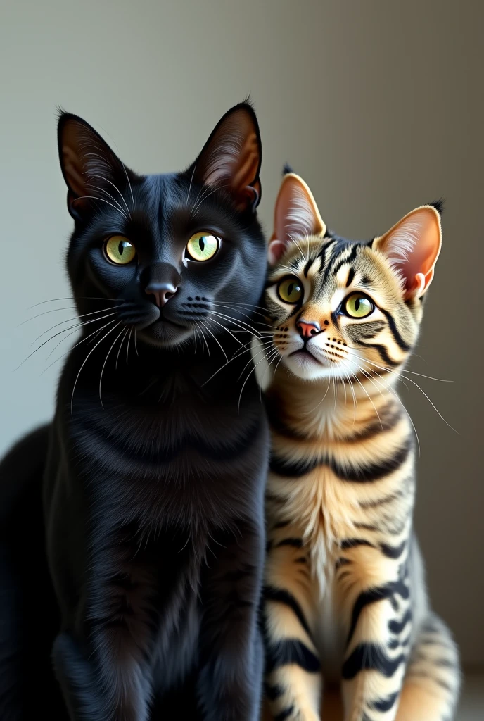 A black cat and a dull beige tabby cat, both with greenish-yellow eyes. 