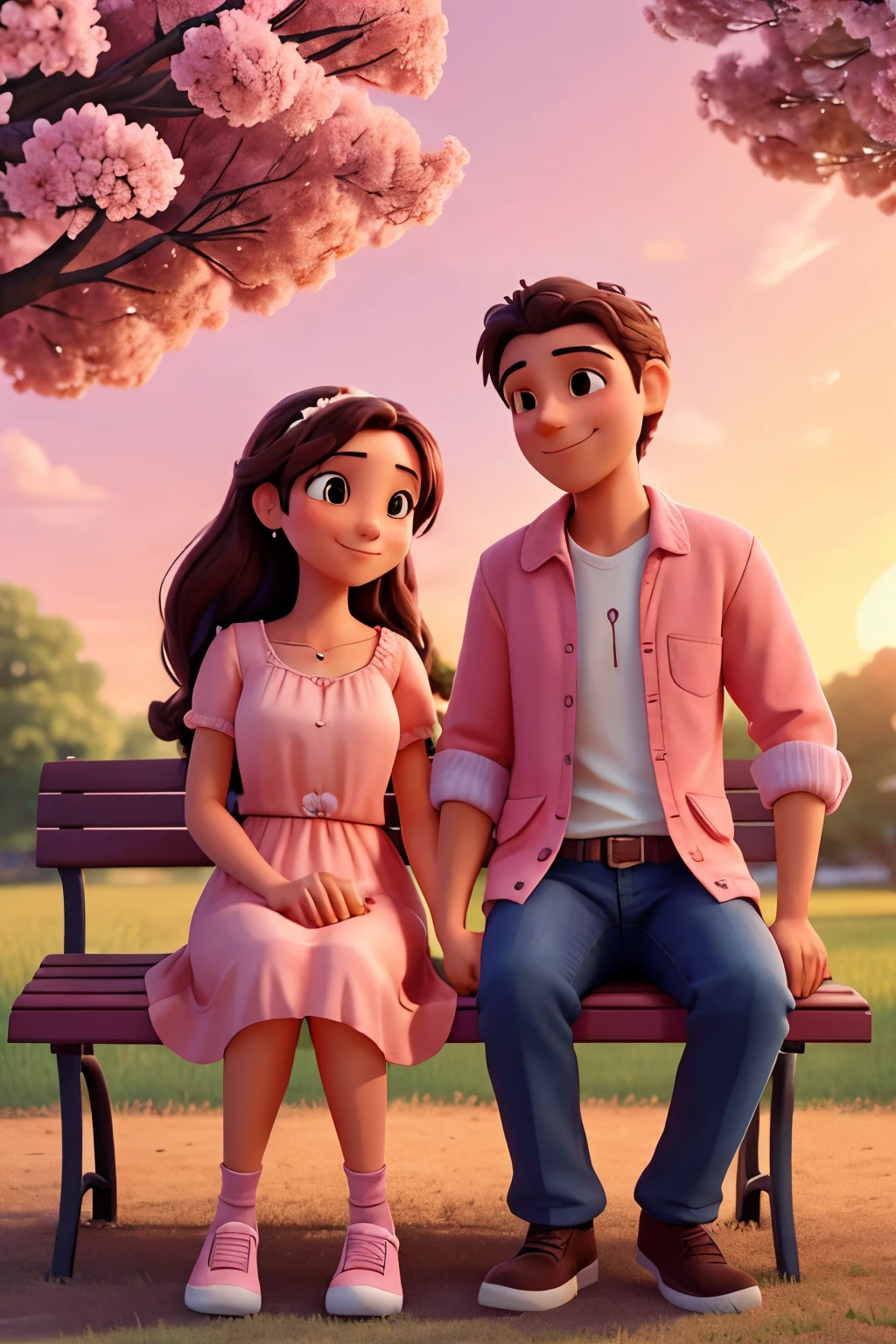 Create a romantic image of a couple sitting on a park bench at sunset, with the sky colored in shades of pink and orange. The couple is holding hands and smiling at each other, surrounded by trees and flowers, with soft light reflecting on their faces. They are dressed casually, and the environment has an atmosphere of tranquility and love.