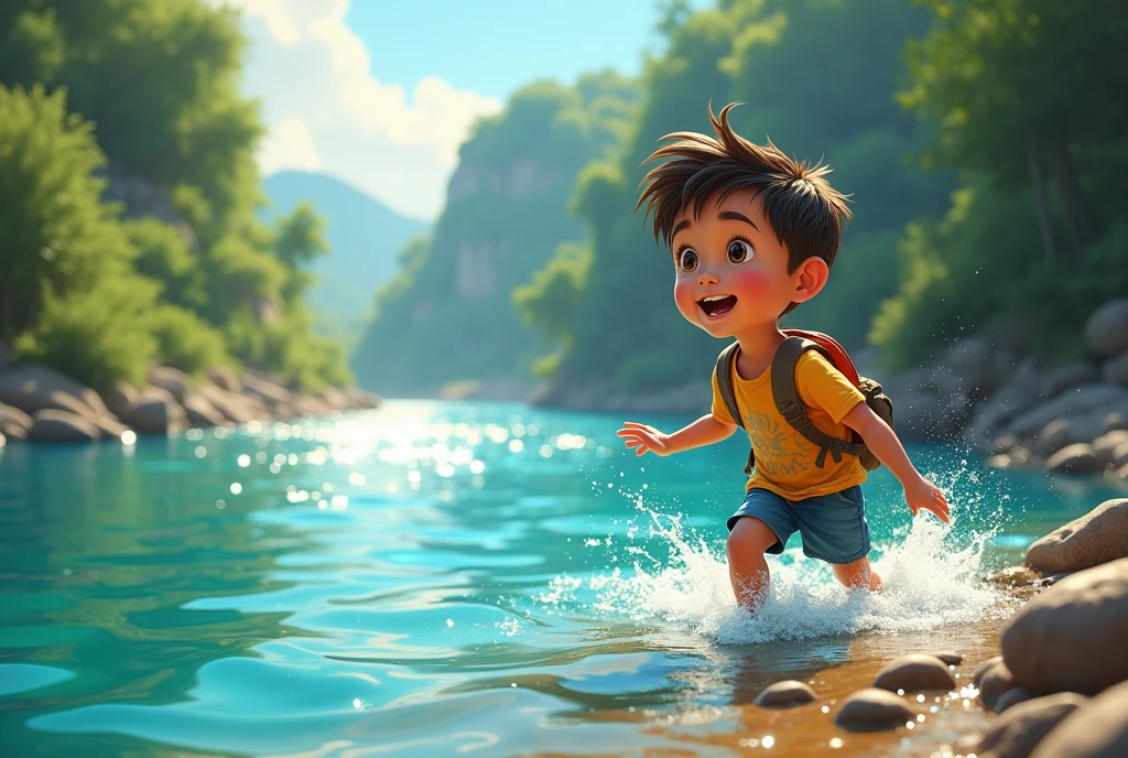 Tito followed the path and soon saw the shining river, that reflected all the colors of the rainbow. Tito felt very happy and decided to play in the water. At the end of the day, He came home with a big smile and lots of stories to tell..