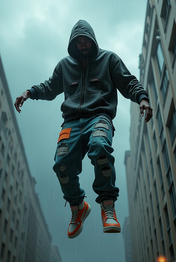 Man in rapper clothes with hoodie falling from the sky raining 
