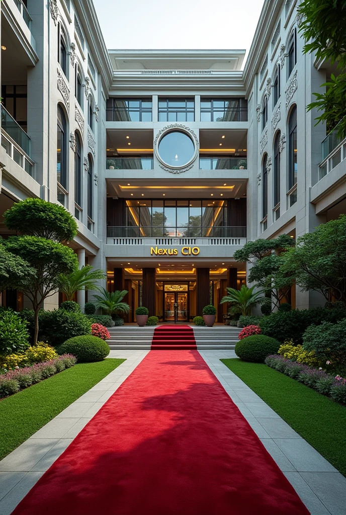 A luxurious, presidential standard company headquarters with the name NEXUS(CIIO) on it and red carpet on entrance with Singaporean architecture,grass, flowers and on it's own space and compound where is the name NEXUS (CIIO)