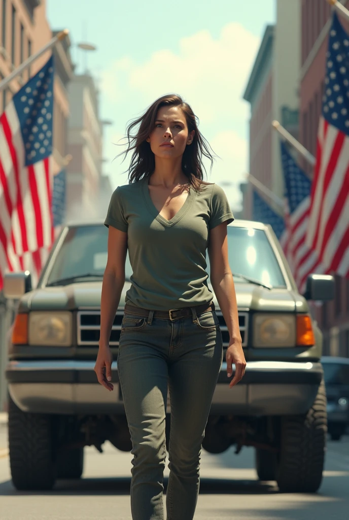 Realistic woman in the middle of a street in the United States with American flags with mechanical failure in a vehicle