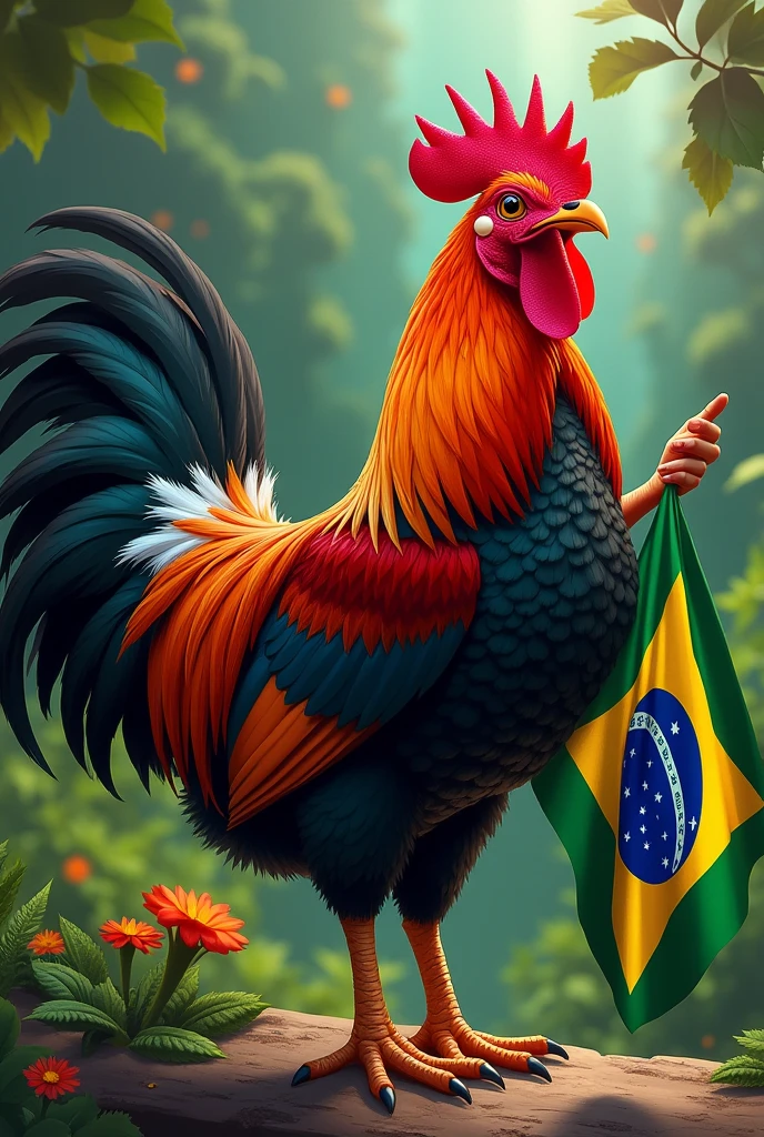 Create a red and black chicken holding the Brazilian flag