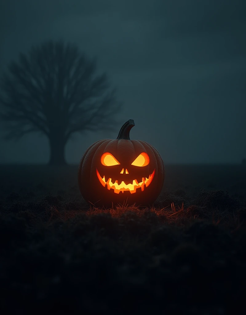 A single pumpkin in a dark field, eyes and mouth lit up