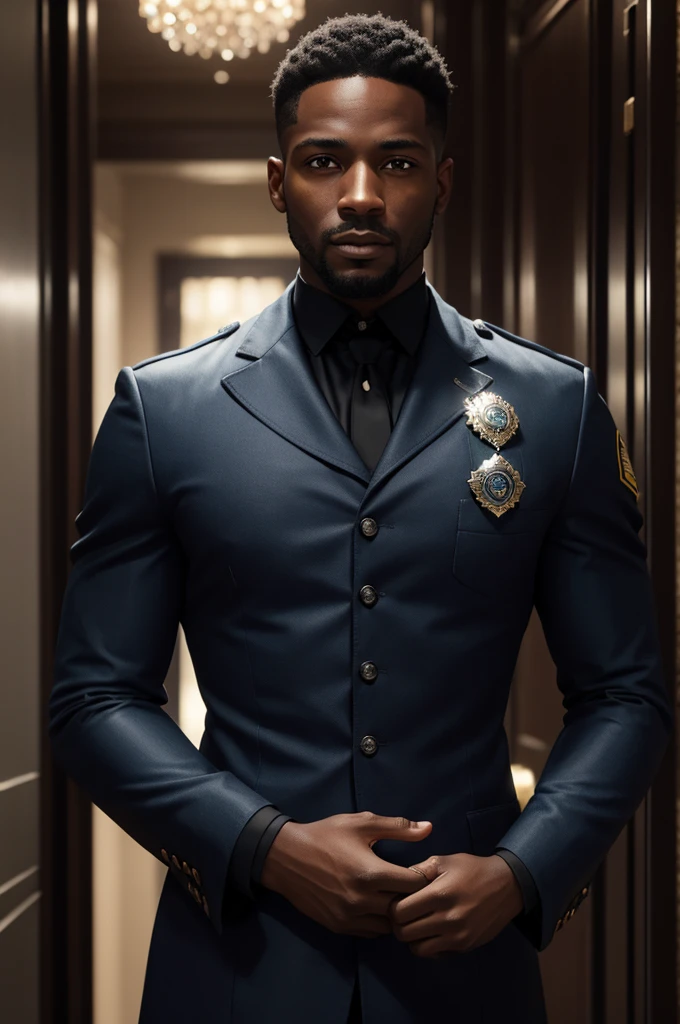 a 30 year old american black man, with a silver gem stone with details dark blue in his hand. this man is wearing a NYC police man a outfit. brown eyes, and brown short hair. he's at a downton city with medium buildings. detailed face, wearing surgical outfit, in a beautiful hospital, photorealistic, highly detailed, intricate, cinematic lighting, 8k, hyper realistic