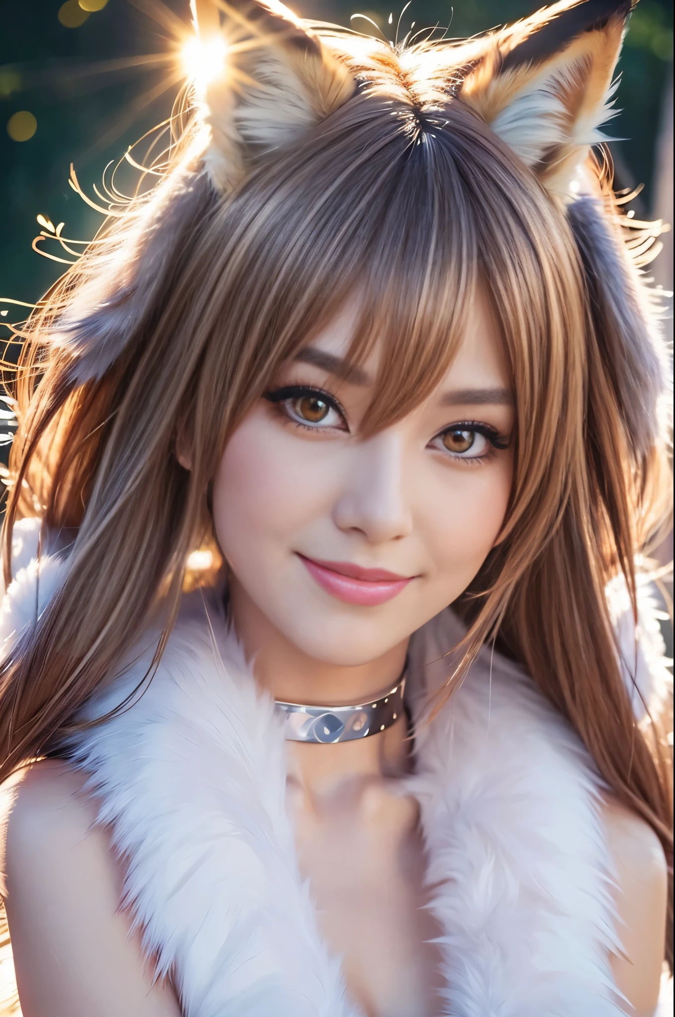 sexy swedish model, (-anime), only 1 model, very short hair, beautiful smile, lip-gloss, long lashes, defined eyebrows, long fur fox color scheme, ((long fur fox cosplay)), fox ears, fox tail, fox choker, look at the camera, cinematic light, (sparkling long fur background), sweet and sexy pose