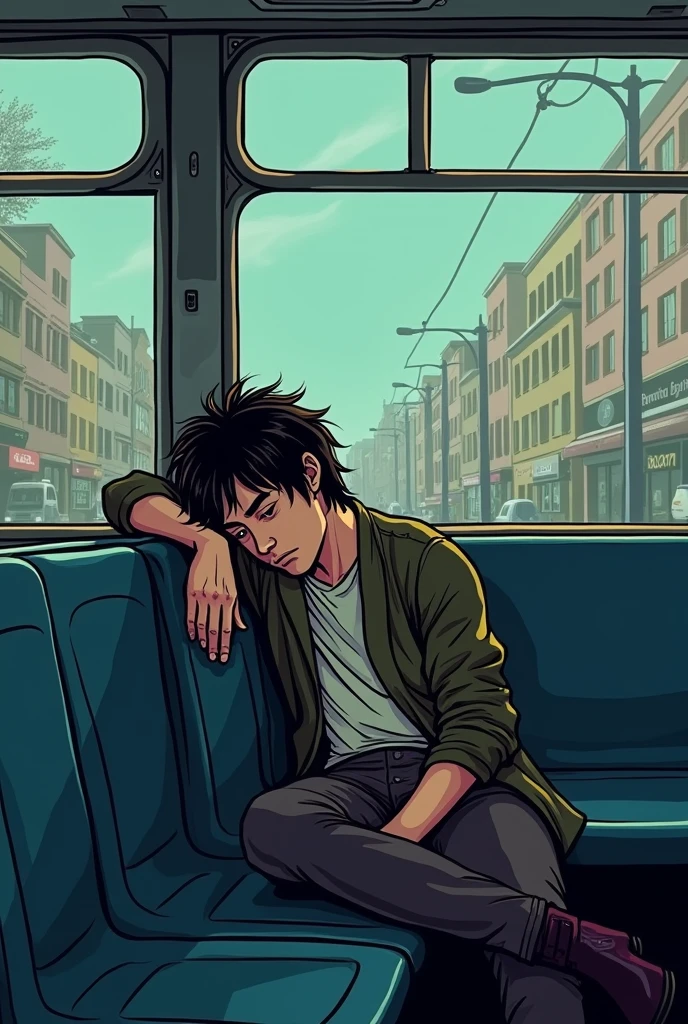 Album art of a guy drunk in love in a subway bus in a cartoon form, he should look more sad, and lay on the sits, let him sleep with one hand falling out