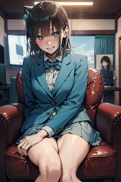 embarrassed,
drunken eyes, seductive grin smug,
(sitting), (raised leg invitation:1.5),(cowboy shot),(extreme close-up of thigh:1.5),((leg up)), (The view is from very close below:1.5),arms behind back, legs apart,
Dynamic Angle,
((best quality)), ((masterpiece)), (detailed), 1girl, sexly, ChinatsuKano, (complete anatomy), Perfect Fingers,
Realistic pubic hair, High amount of pubic hair, Thick pubic hair,
Light blue blazer, Light blue skirt,White socks,Brown Loafers,
Luxury,Night view,Red carpet,Luxurious chair,Double bed,indirect lighting,窓から見えるNight view,