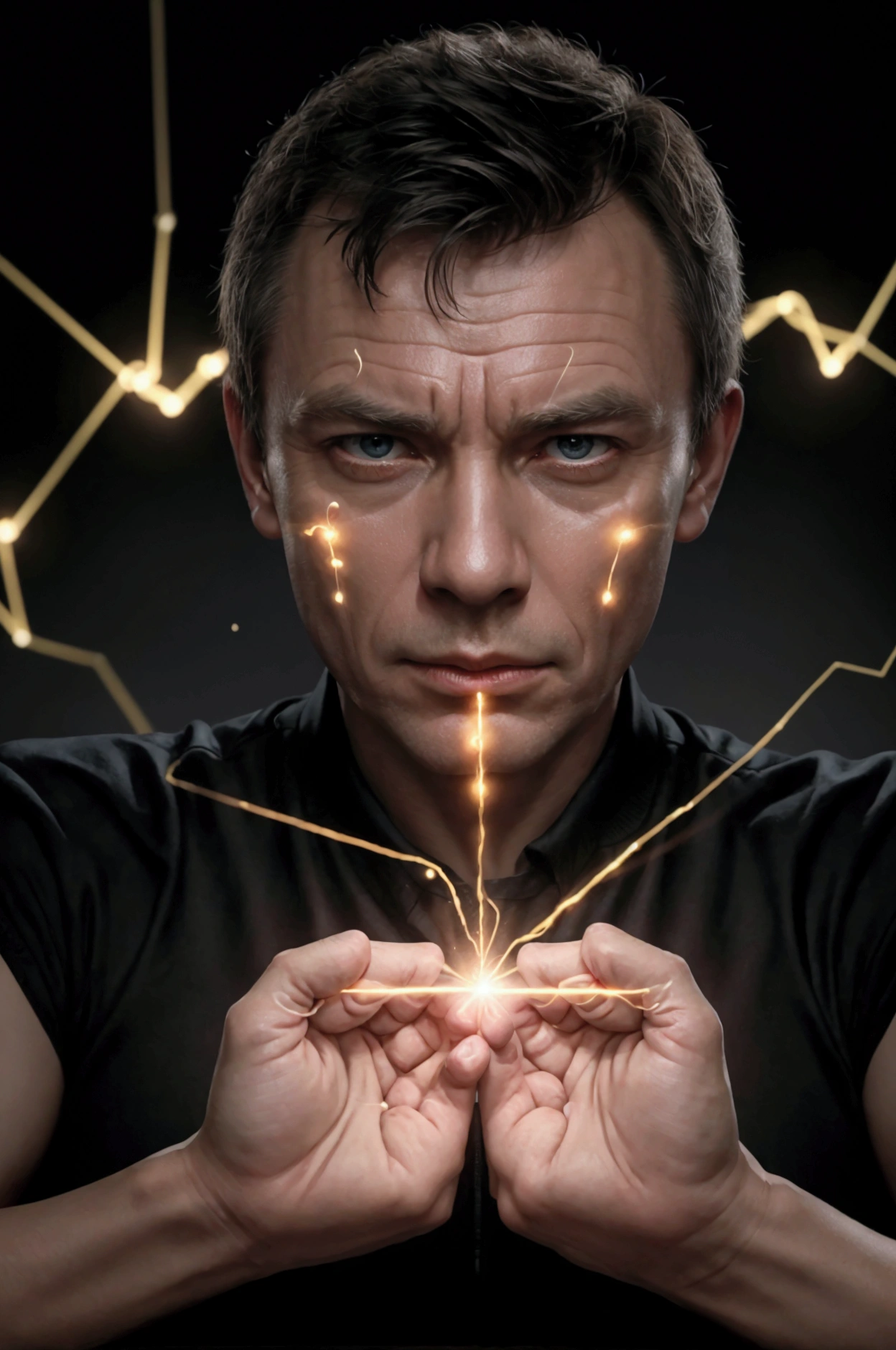 "Create a scene where Bond is using his special ability to form new bonds, reconnecting molecules that were previously separated. Bond is depicted as a strong, human-like figure with glowing hands, radiating energy that symbolizes connection and unity. The molecules are being drawn together by Bond's power, with bright, glowing lines forming between them to represent the new bonds. The atmosphere is intense but hopeful, with Bond's actions symbolizing strength and restoration as the molecules come together in harmony."