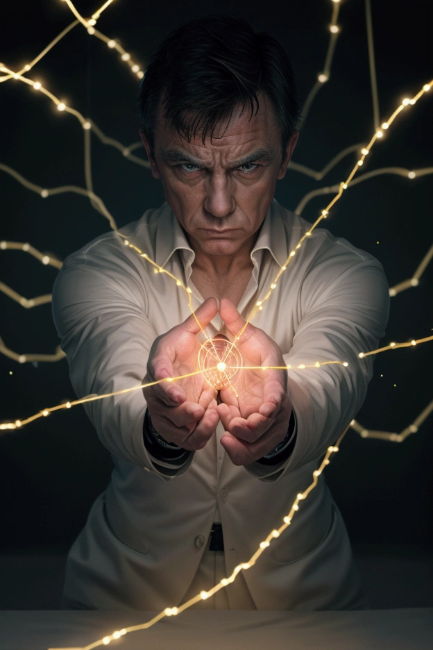 "Create a scene where Bond is using his special ability to form new bonds, reconnecting molecules that were previously separated. Bond is depicted as a strong, human-like figure with glowing hands, radiating energy that symbolizes connection and unity. The molecules are being drawn together by Bond's power, with bright, glowing lines forming between them to represent the new bonds. The atmosphere is intense but hopeful, with Bond's actions symbolizing strength and restoration as the molecules come together in harmony."