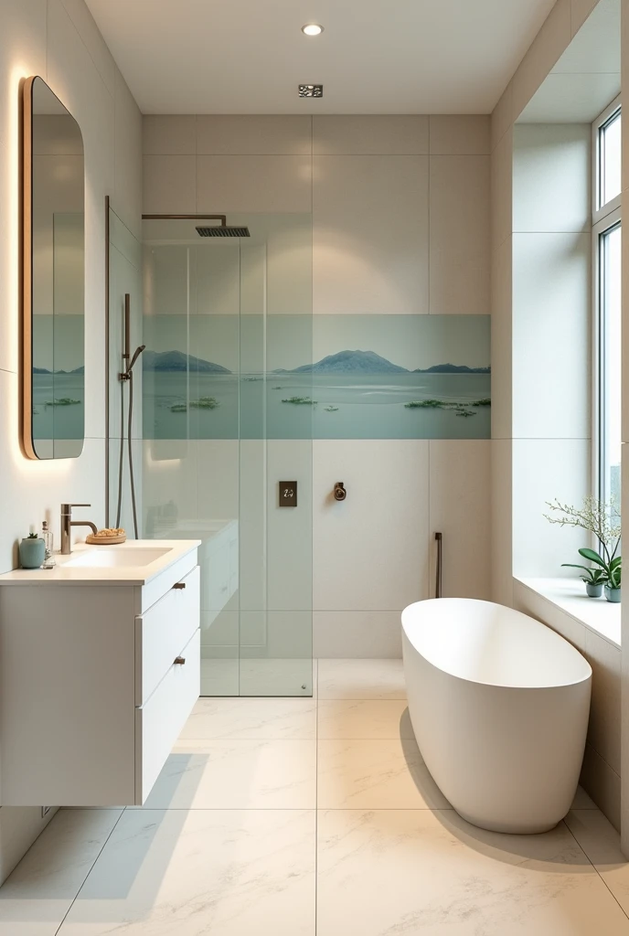 Create an image of a bathroom with a serene color palette that includes soft, neutral tones like beige, white, and light gray. Add accents of blue or green for a relaxing effect. The design should emphasize balance, with a monochromatic or complementary color scheme that is consistent across walls, tiles, and decor."