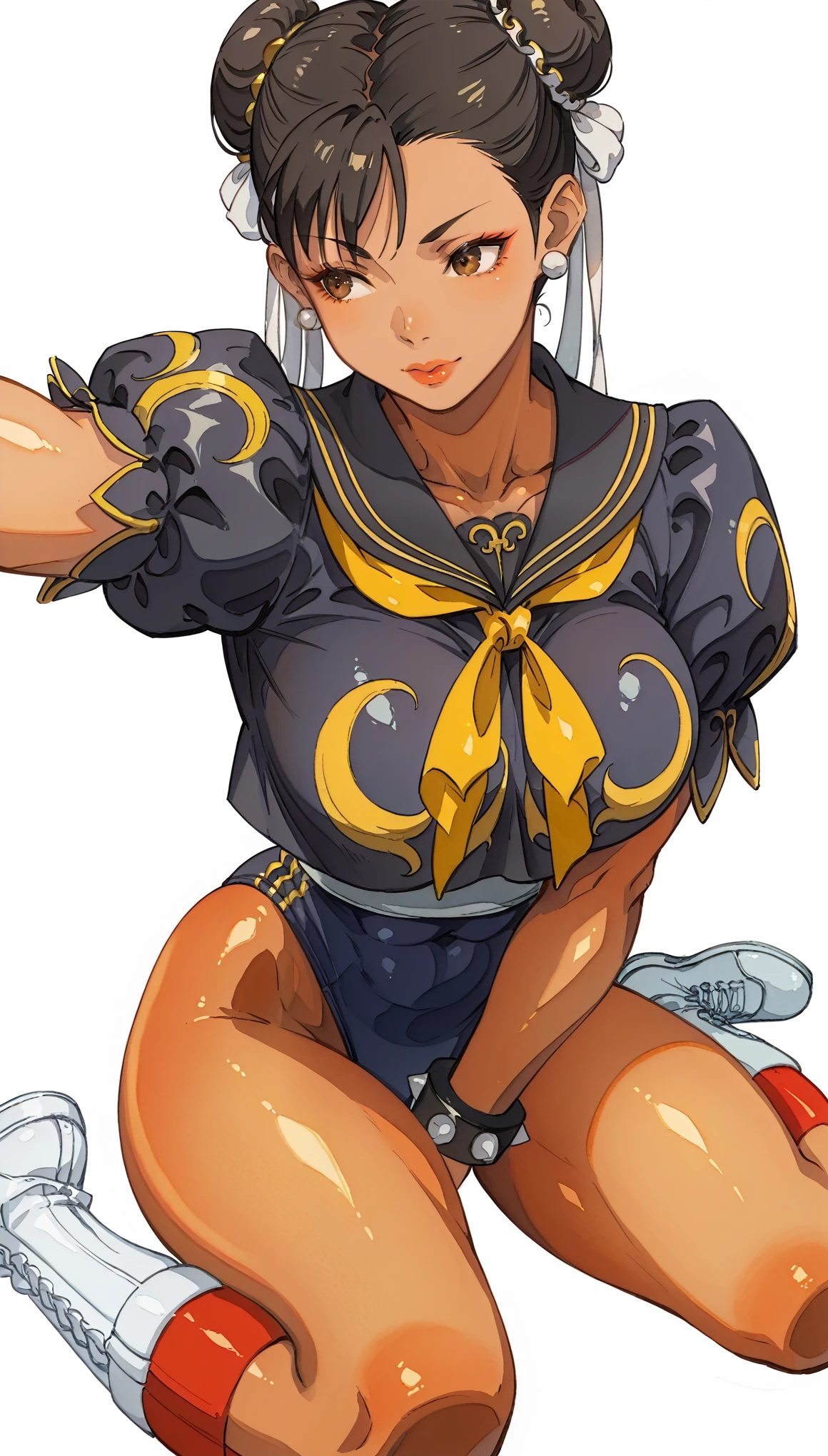 absurdres,, (1girl:1.2), (abs:1.23),huge_、(dark_tanskin:1.3)unity Dynamism,forward leaning posture、(black hair)、she looks away, Loose-fitting clothing、Blurred Background、Sagging breastsg forward,((manga style:1.23)) , 、(white background:1.5)、A happy look、Plump body、Sitting、Legs crossed、Watercolor、(Watercolor style:1.8),street fighter,Chun-Li, (black clothes:1.5)、(Glossy skin 1.7), girl),Knee-high socks、arm guard、School uniforms、Sailor suit street fighter swimsuit special collection, under art, lowbrow, by Tetsugoro Yorozu, portrait of chun li, street fighter iv, portrait of chun - li, stephen lau and artgerm, game asset of fight、Selfie:1.5、Changing clothes、Half-taken costume、