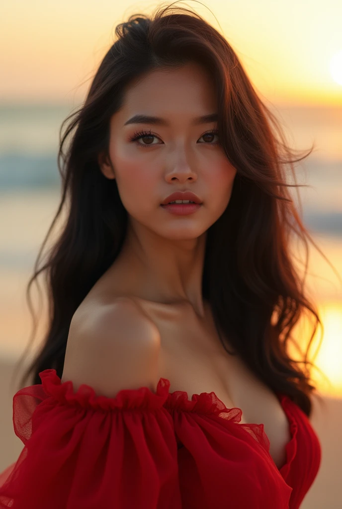 a beautiful indonesian woman with long black hair and looks natural in every detail, eyes with brownish eyeballs that are very realistic and natural in
every detail, corneas, eyebrows and smooth skin that are very real, natural, natural beauty of an Asian woman that is very realistic and real, wearing a long red dress that is elegant and enchanting, the background is an enchanting beach in the afternoon with the gentle crashing of sea waves and the beauty of the sunset that is so real and charming, very real, realistic, cinematic