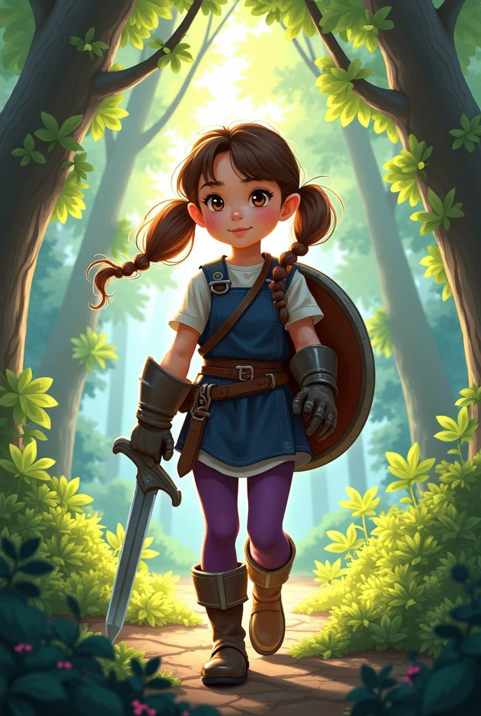 create an illustration in a digital art style, richly detailed, of a girl adventurer with brown hair in pony tails, brown eyes. She wears a dark blue tabard over a white shirt, purple tights, big boots made of leather, big gloves that are too big for her. she wears a sword at her hip, resting in a scabbard, and carries a shield on her back. Show her exploring a forest during the day time, the leafy trees provide shade.