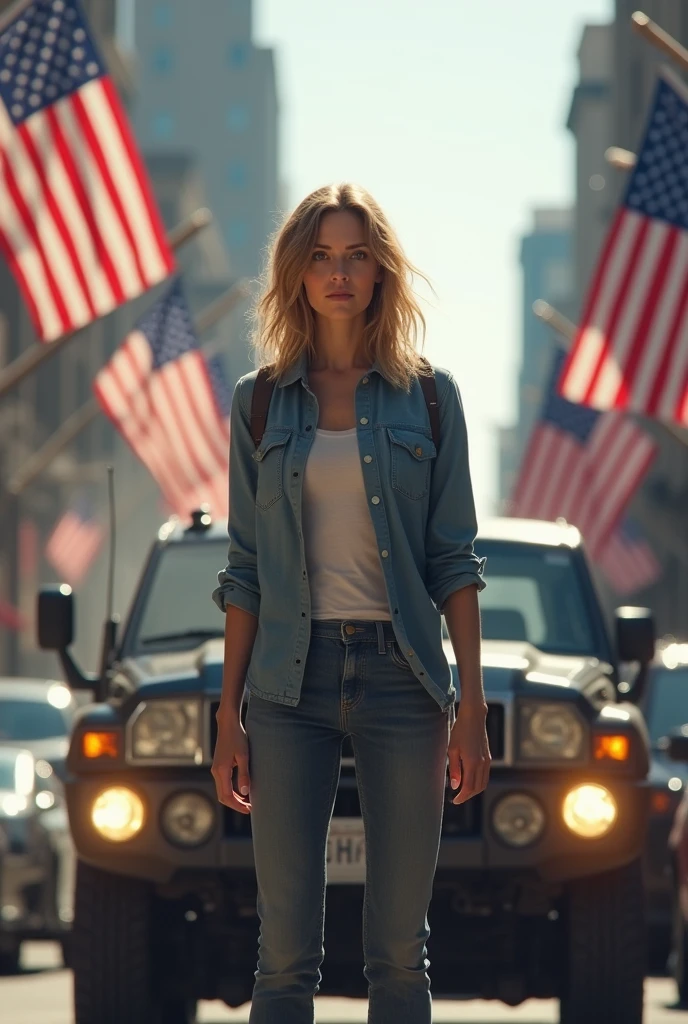 Realistic woman in the middle of a street in the United States with American flags with mechanical failure in a vehicle