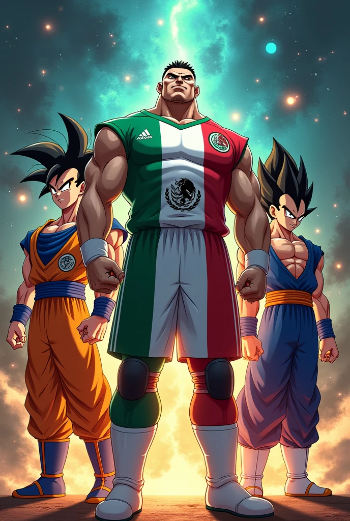 Trueno wearing the Mexican national team shirt next to Goku and Vegeta