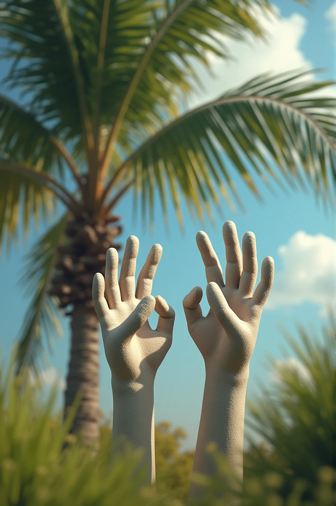 Palm tree with faceless gloves making ok with hands