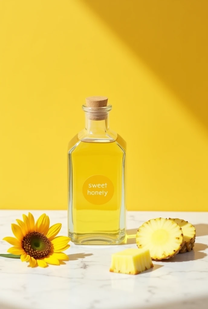 Yellow background with a white quartz table with a square glass bottle and a light yellow liquid, with pineapple pieces around it, the weak one would be positioned to the side with some sunflowers, With a white Sweet Honey office sticker, below Pineapple Oil