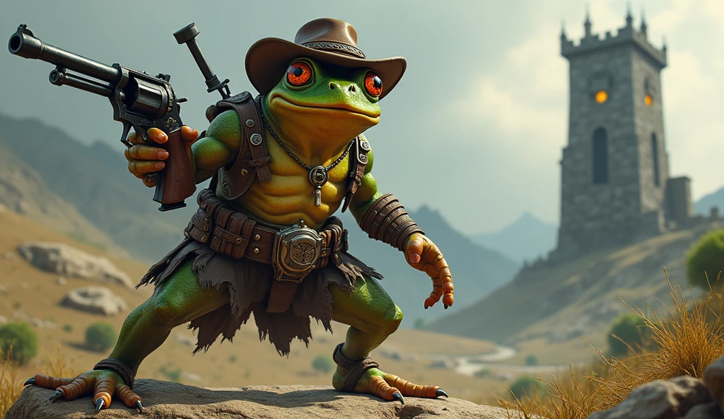Gunslinger frog with a tower in the background
