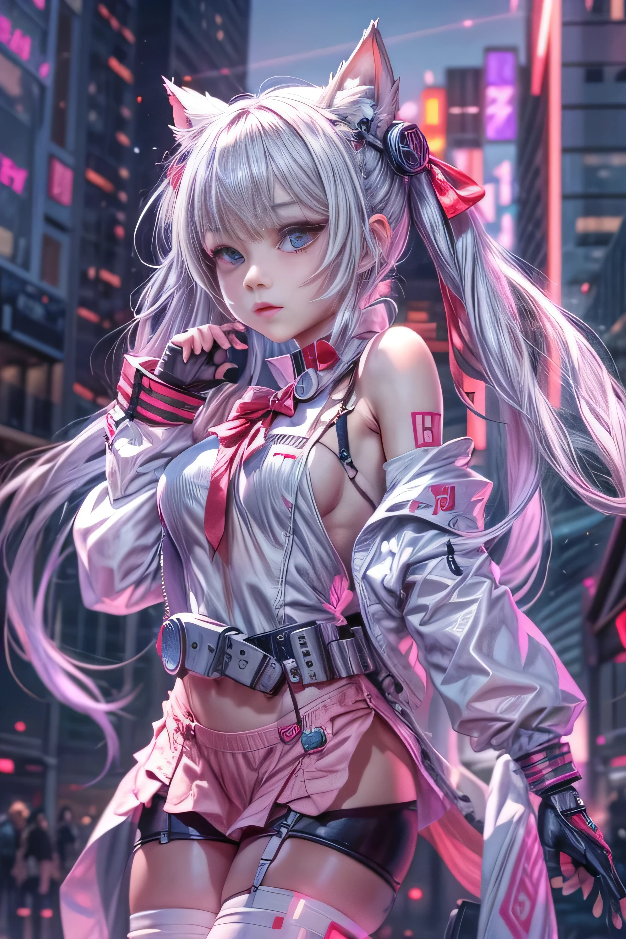 8k.Half Russian and half Japanese、Russian face、beautiful girl、princess、、Small face、Young face、Big eyes、Skinny、Small breasts、（（（Silver Hair、Silver Hair）））、With bangs、（（（High resolution big beautiful light blue eyes, ）））、Shortcuts、Bobcut、（（Sailor suit））、（（（Red ribbon in hair、Floral decoration）））、Partially braided、Red bow tie、Anime girl with long hair and cat ears in the city, digital Cyberpunk anime art, Cyberpunk Anime Girl mech, female Cyberpunk Anime Girl, Cyberpunk Anime Girl, anime cyberpunk art, Cute Cyborg Girl, Digital Cyberpunk - Anime Art, Cyberpunk anime art, BoobsCyberpunk, Anime Style 4k, Perfect android girl, Cyberpunk beautiful girl, Beautiful girl cyborg