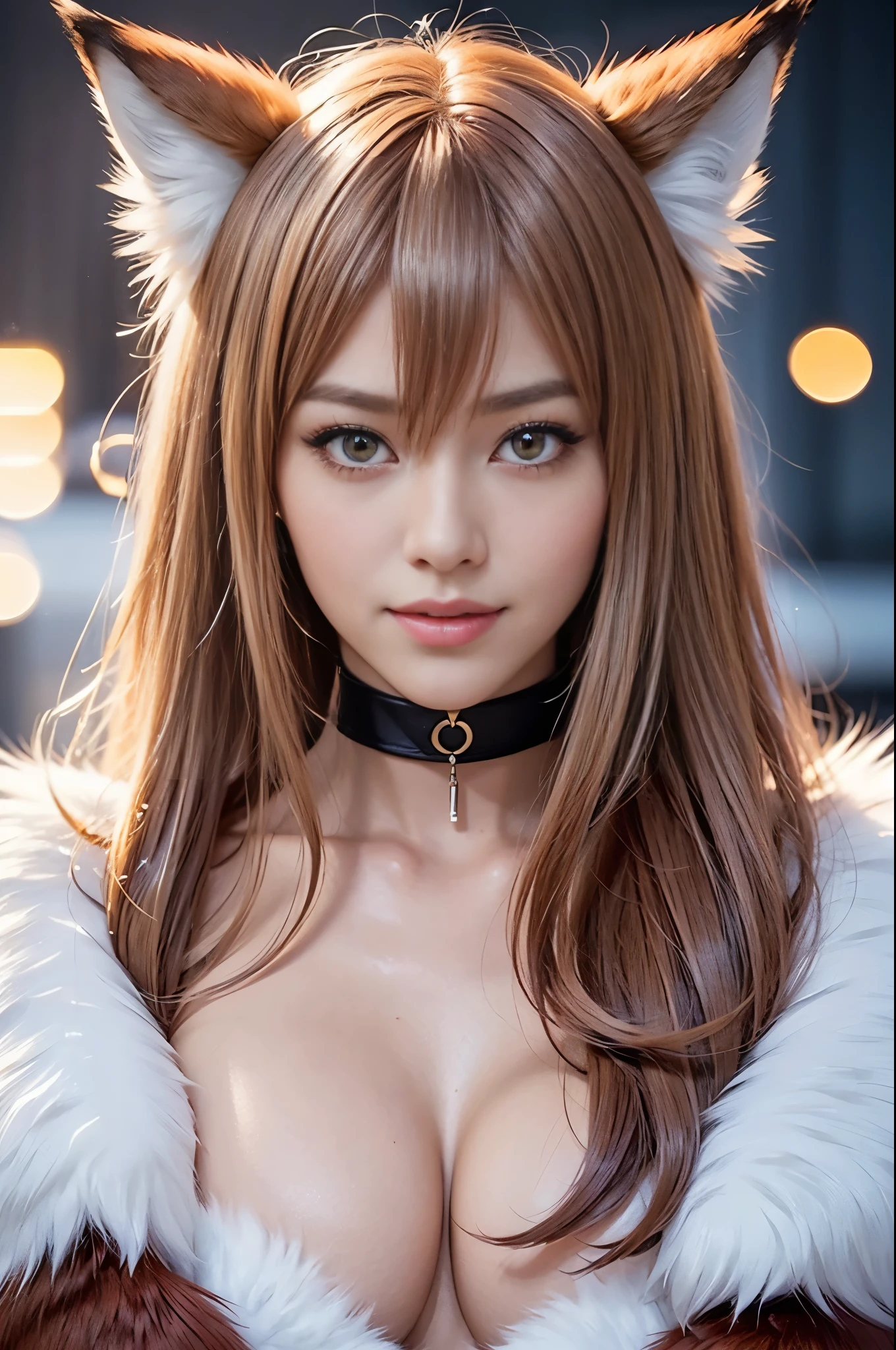 sexy swedish model, (-anime), only 1 model, very short hair, beautiful smile, lip-gloss, long lashes, defined eyebrows, long fur fox color scheme, ((long fur fox cosplay)), fox ears, fox tail, fox choker, look at the camera, cinematic light, (sparkling long fur background), sweet and sexy pose