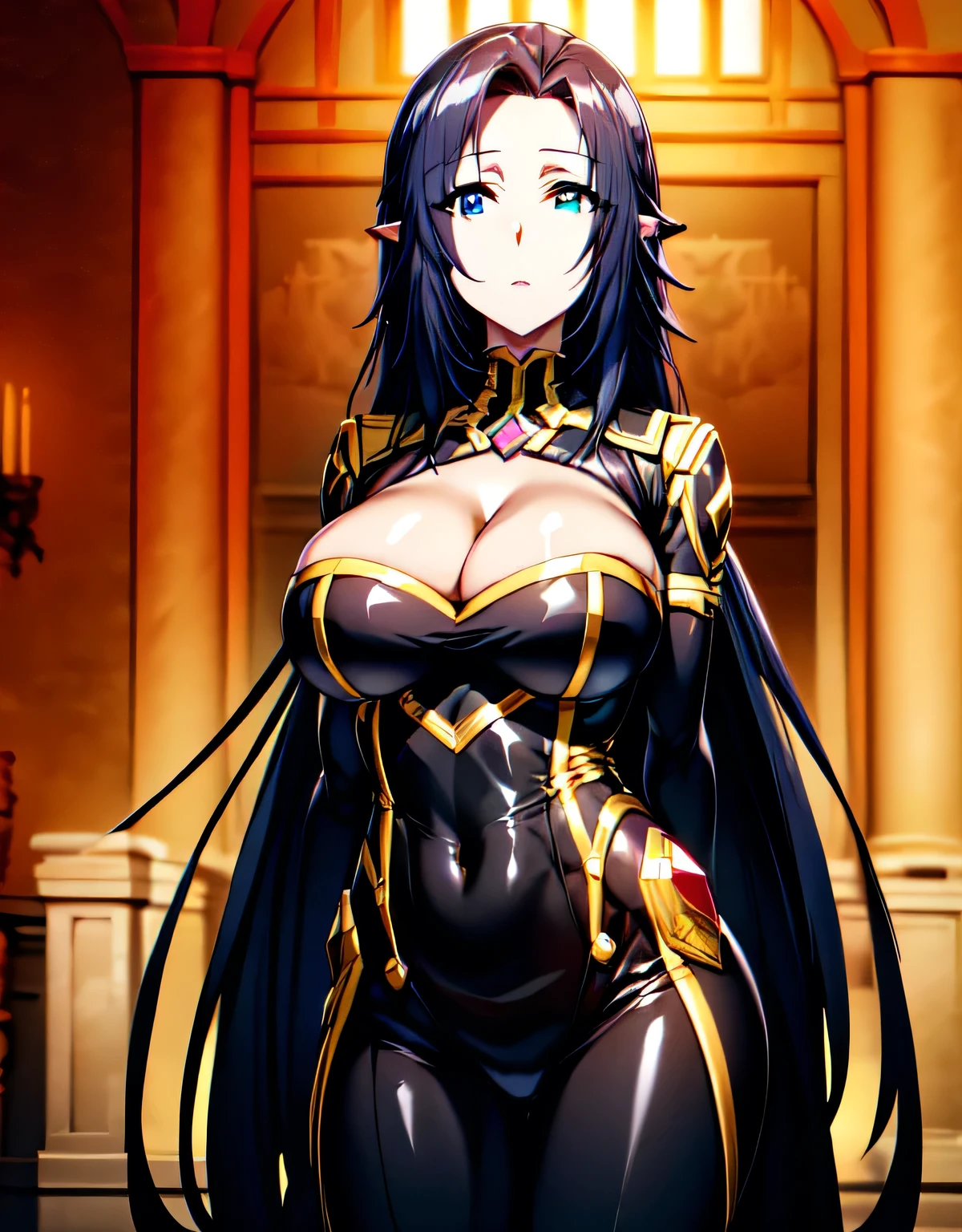 (large breasts:1.55),(shiny,hair),((solo)),((masterpiece)),((best quality)),perfect anatomy,slim waist,perfect image,8k UHD,(beautiful detailed eyes:1.5),extremely detailed face,standing,(upper body:1.25),(look at the front:1.5),(arms behindback:1.1),ultra-detailed,absurdres,highres,shiny skin,(gorgeous indoor hall),official art,Black suit,Black and Gold jacket,Black and Gold outfit,Black and Gold bodysuit,deep cleavage,pointy ears,(Dark Blue hair),(Dark Blue Eyes),
