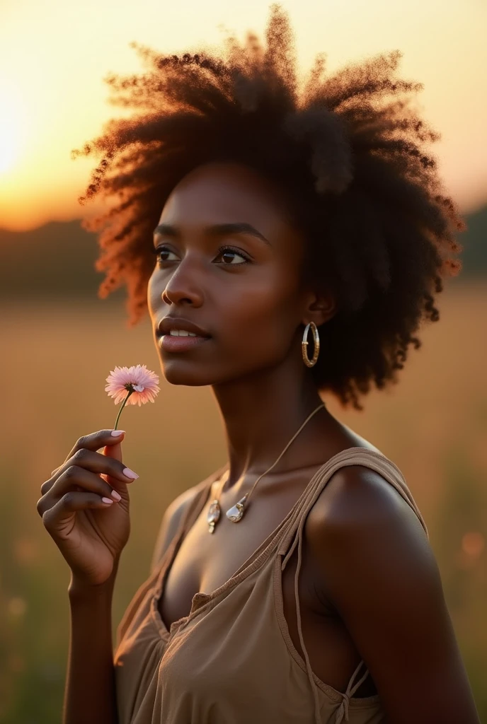 Portrait of a young African woman sitting in a serene outdoor setting at sunset – The woman has natural curly hair and is smiling softly. She is holding a single flower gently in her hand, close to her chest, as she gazes thoughtfully into the distance. She wears a simple sleeveless top and light jewelry. The background is blurred, with warm, soft light creating a peaceful and intimate atmosphere, focusing on her connection with the small petal she holds, beautiful photography