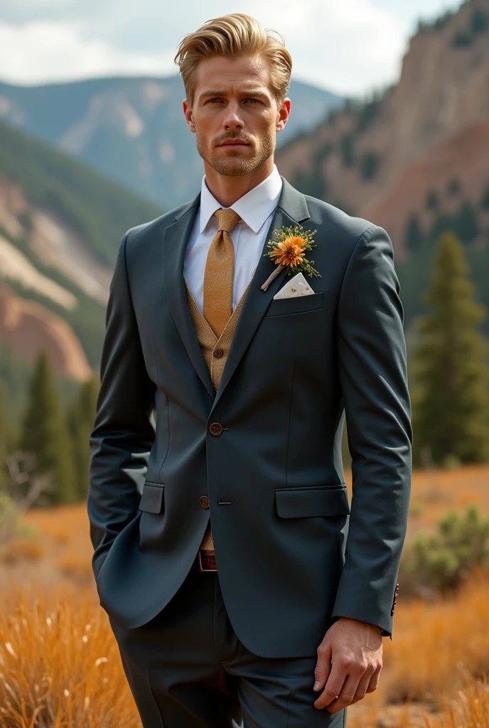 Tall blond groom's wedding suit with yellowstone inspired tones